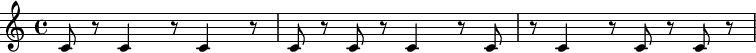 \time 4/4 c8 r8 c4 r8 c4 r8 | c8 r8 c8 r8 c4 r8 c8 | r8 c4 r8 c8 r8 c8 r8